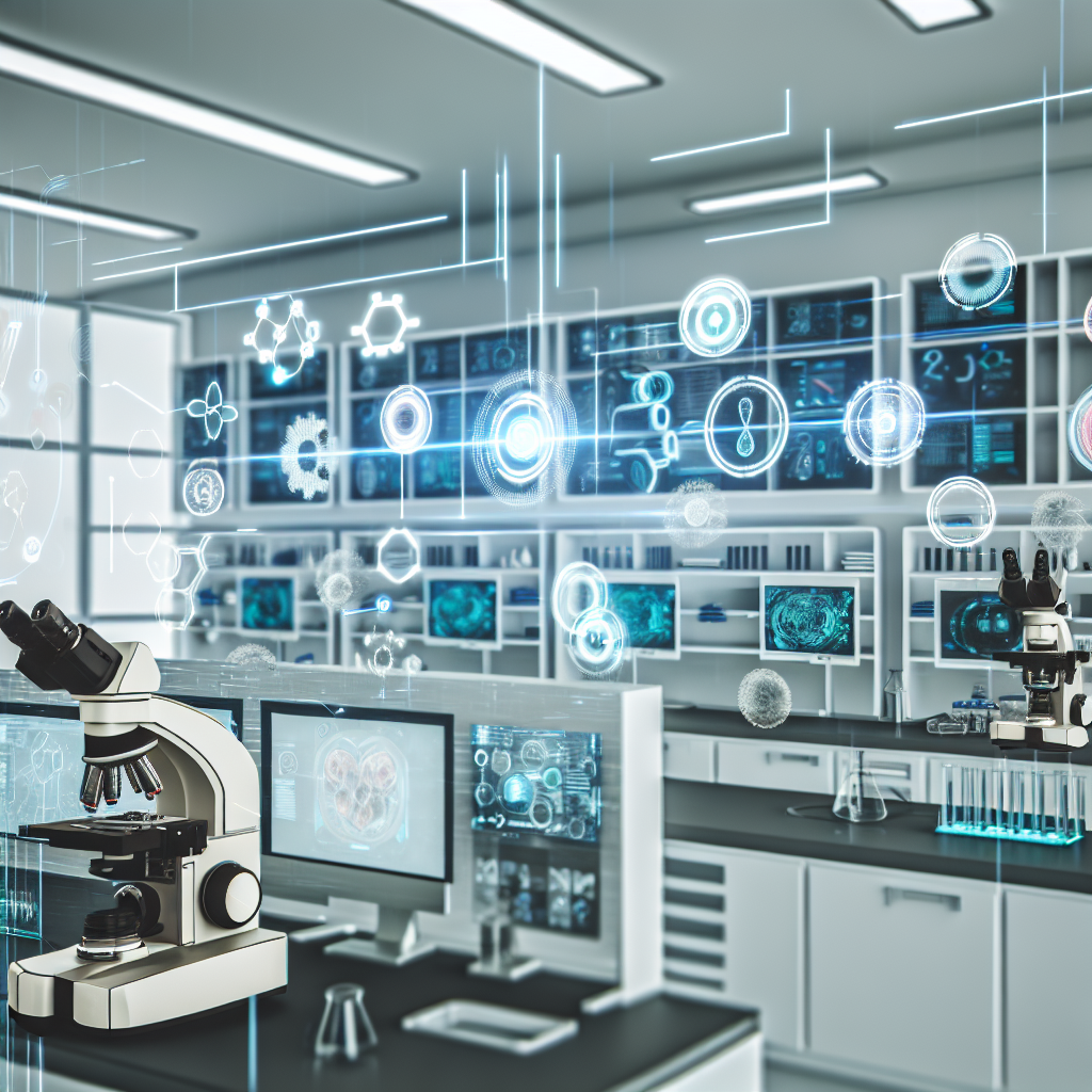 A high-tech laboratory with microscopes, computer screens displaying data, and holographic scientific diagrams.