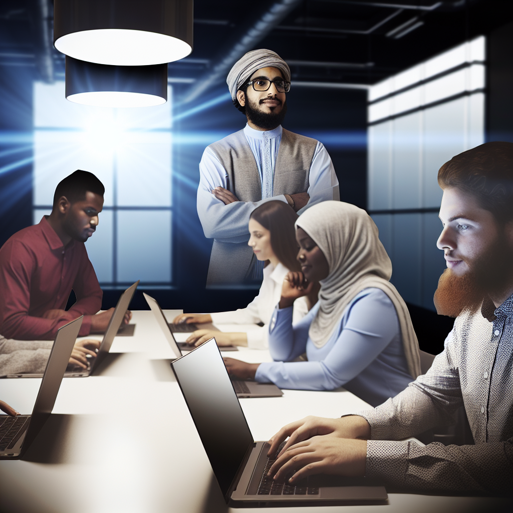 A group of people working on laptops in an office.