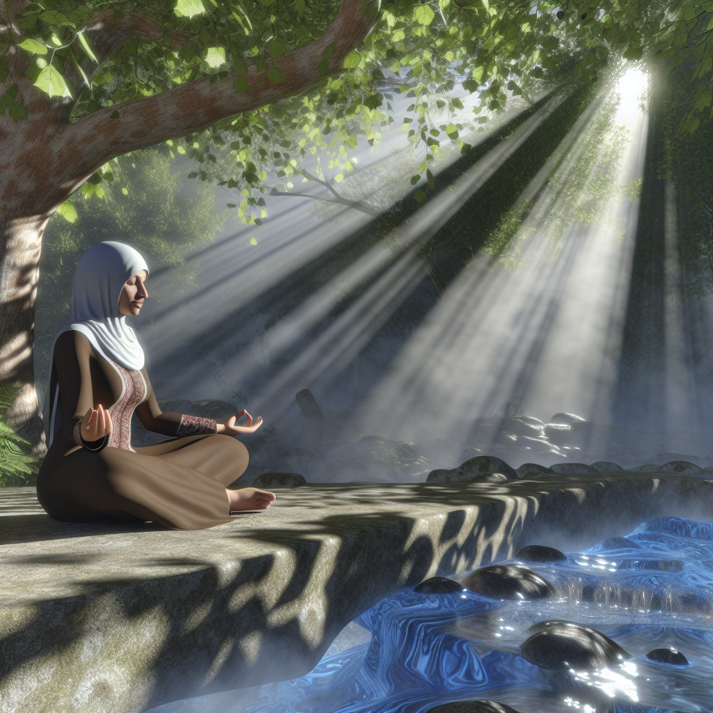 A woman meditating by a stream in a sunlit forest.