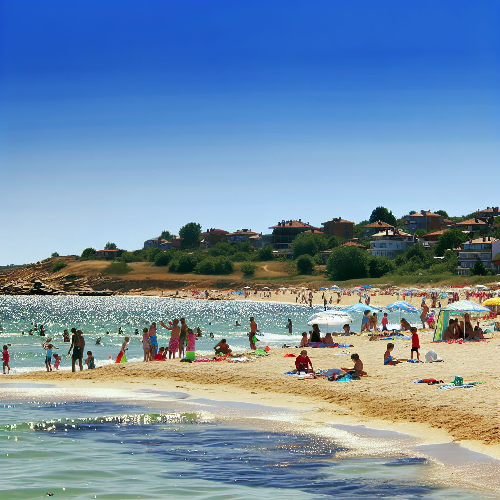 Beach with people enjoying the sun and swimming in the sea.