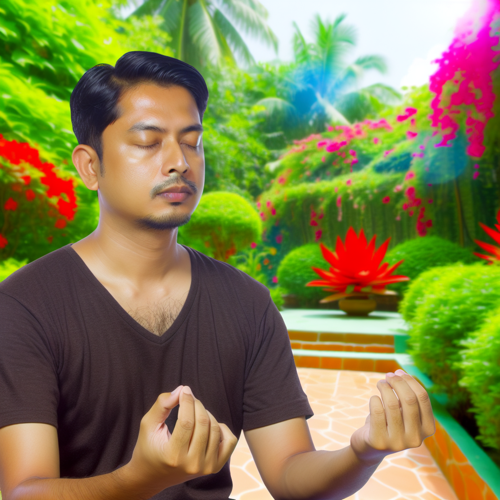 A man meditating in a garden.
