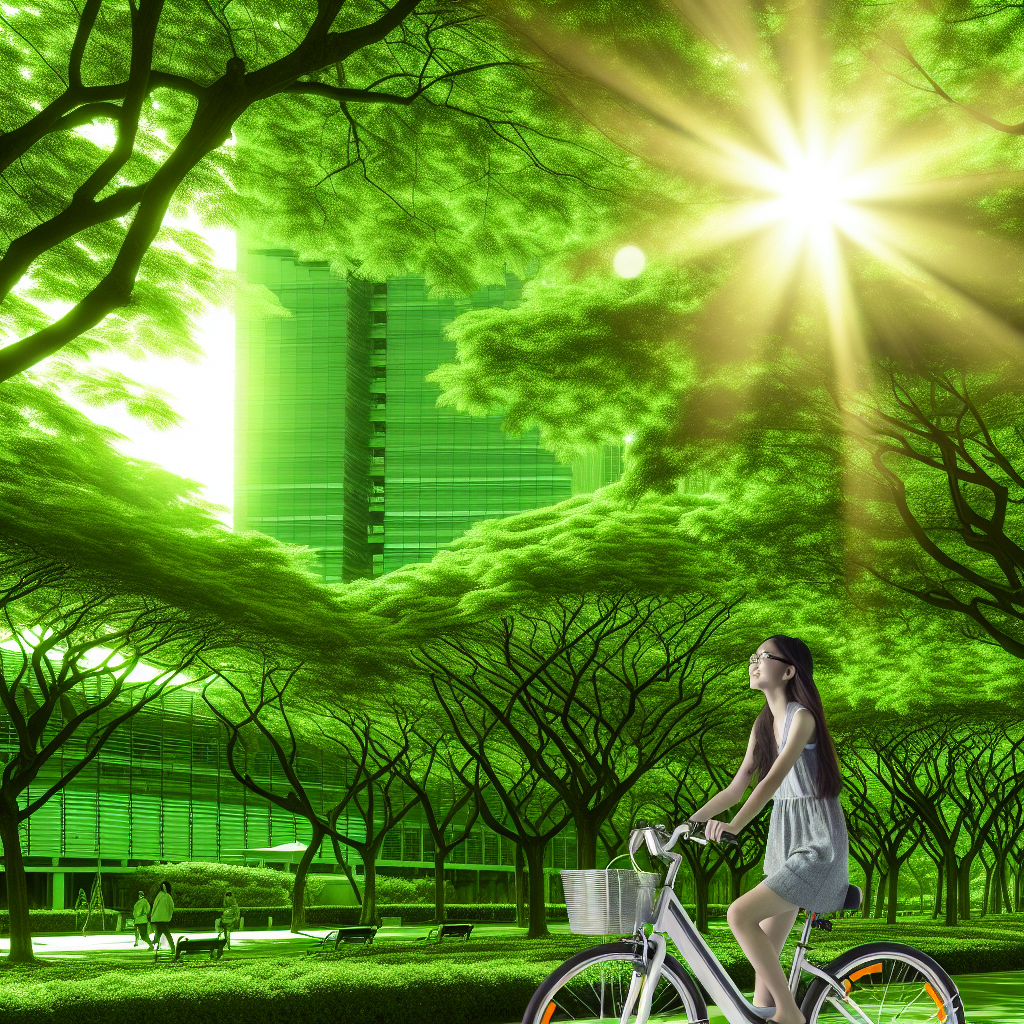 A woman riding a bicycle in a park with lush green trees and a modern glass building in the background.