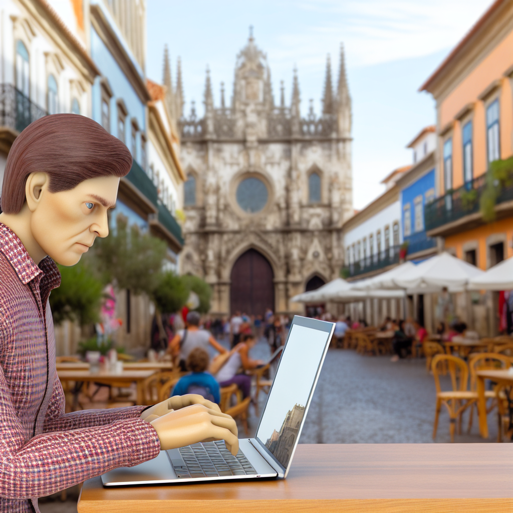 A mannequin typing on a laptop in a European street with a gothic cathedral in the background.