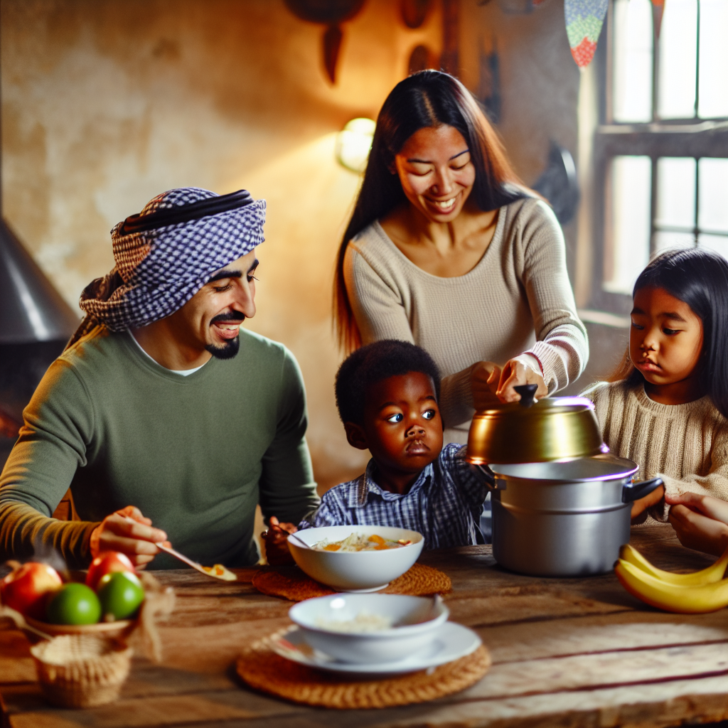 A family is gathered around a table sharing a meal.