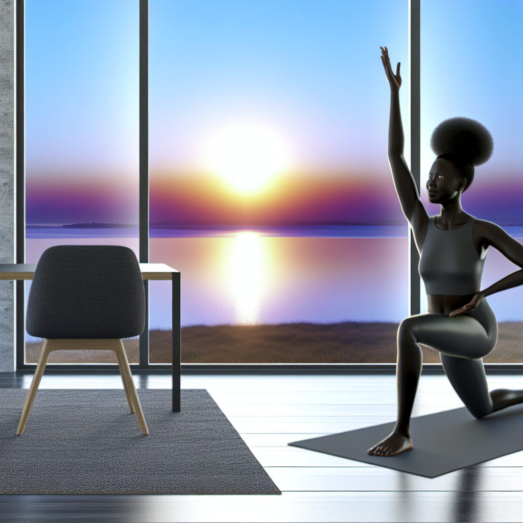 A woman is doing yoga in a room with a large window overlooking a sunset by the water.