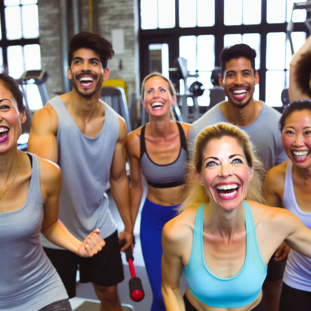 A group of happy people in sports attire at the gym.