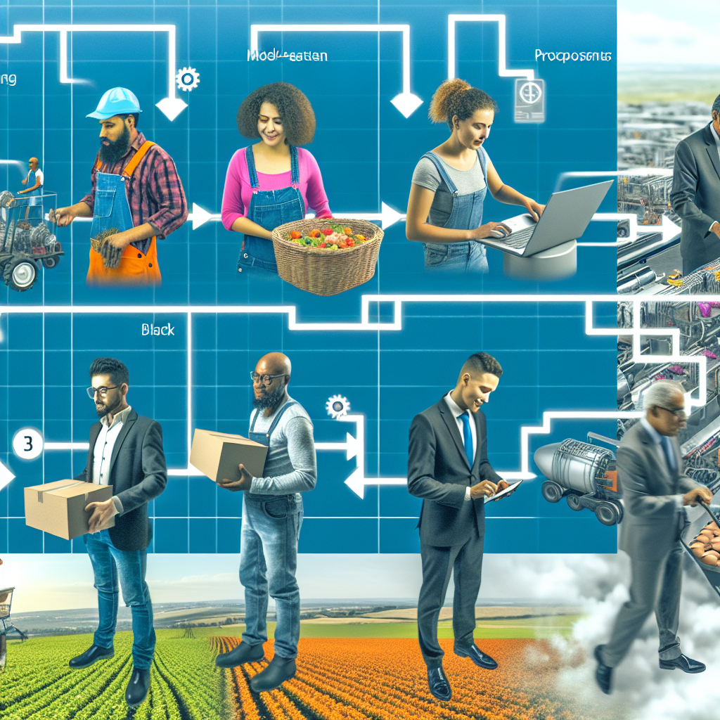 People are performing various tasks in an agricultural production and logistics chain.