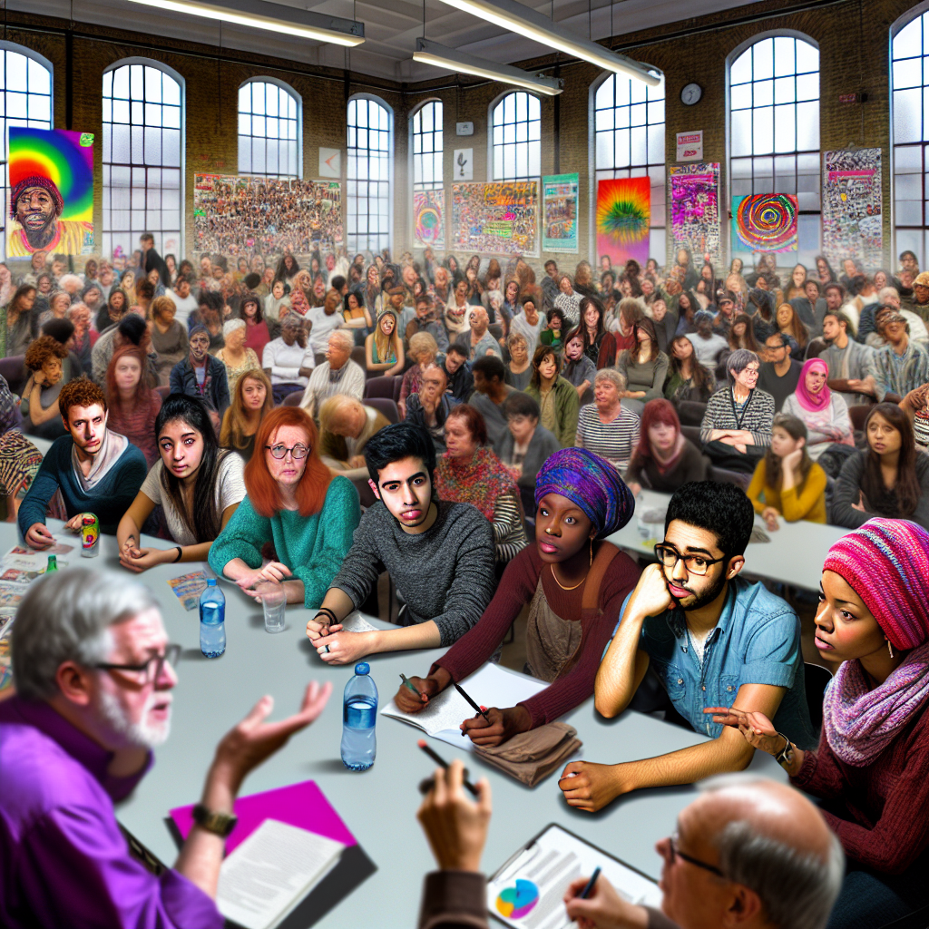 A crowded classroom with people attentively listening to someone speaking at the front.