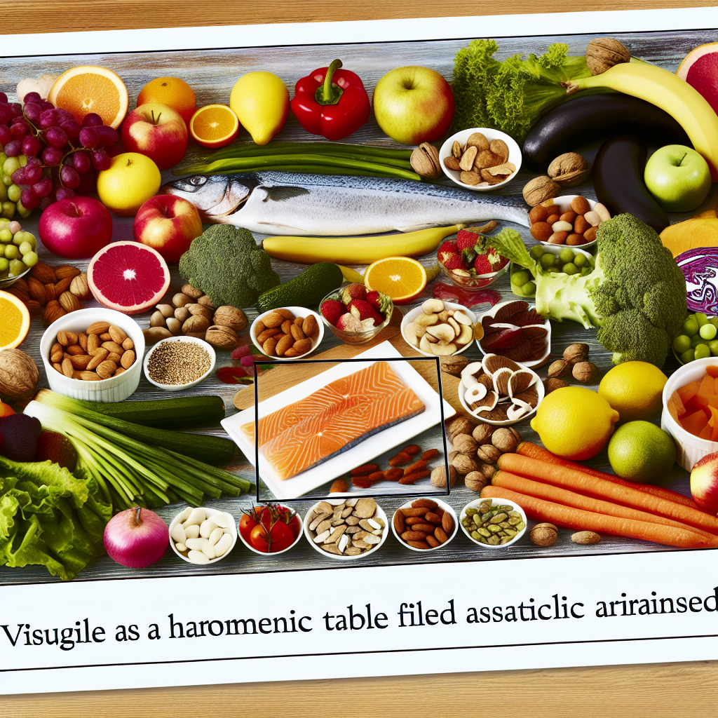 A table filled with various fruits, vegetables, nuts, a fish, and a piece of salmon on a plate.