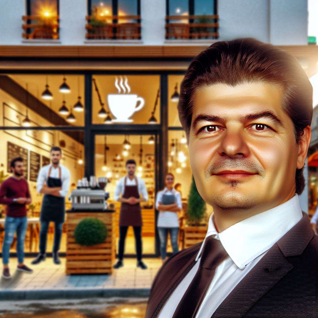 Un grup de persoane in fata unei cafenele, cu un barbat in prim-plan.