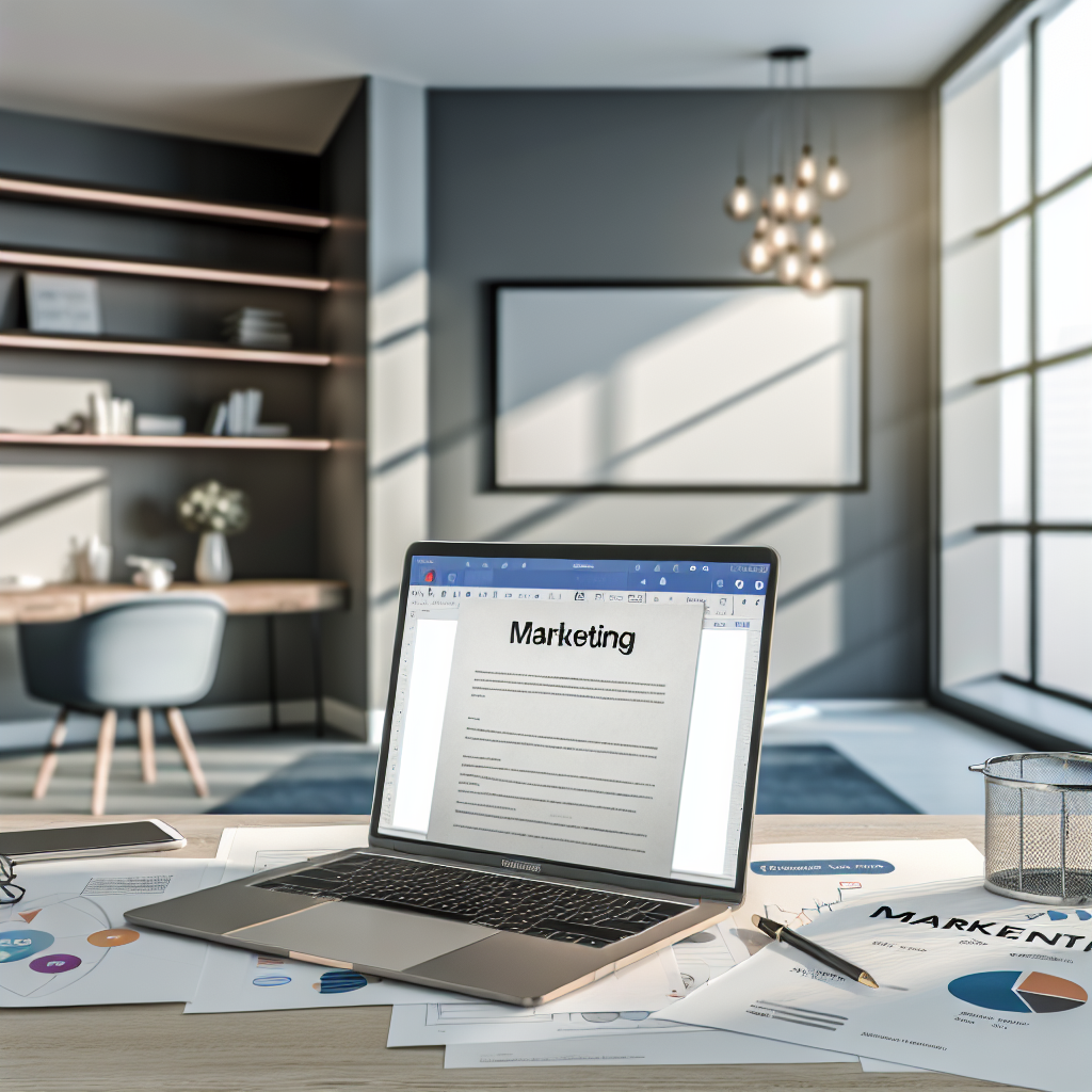 A laptop on a desk with a document titled