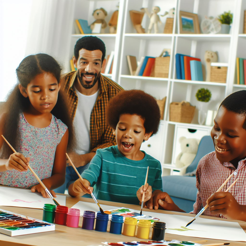 Children painting with watercolors while an adult supervises.