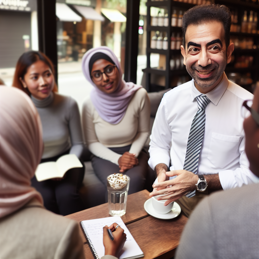 A group of people are having a meeting in a café.