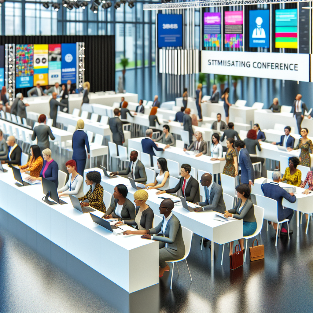 A business conference with attendees sitting at tables and using laptops.
