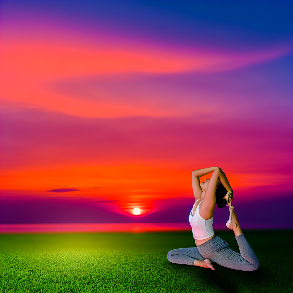 A woman doing yoga on the grass at sunset.