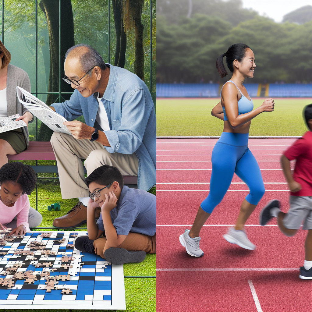 On the left, there is a group of people, including children and adults, doing a puzzle and reading a newspaper. On the right, there is a woman in workout clothes jogging on a track with a child running beside her.