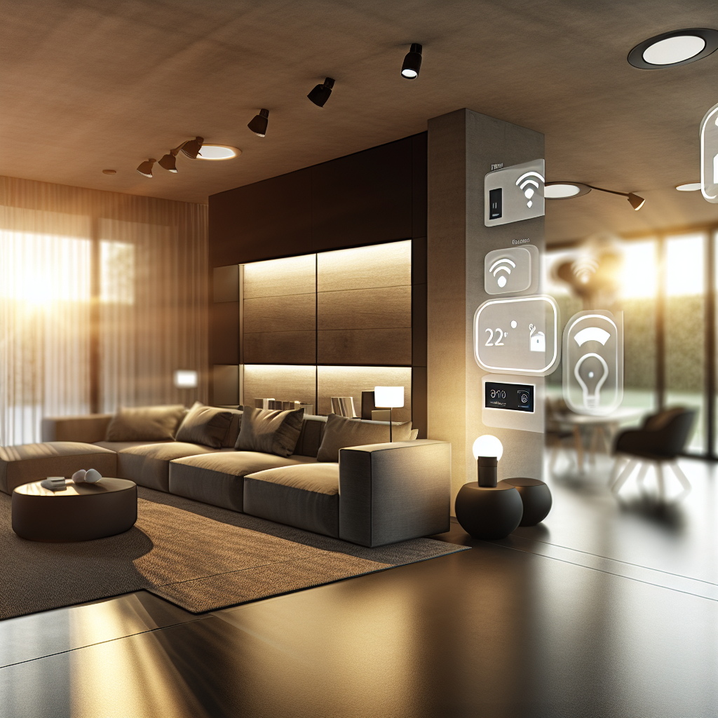 A modern smart living room with a large sectional sofa, a coffee table, and ambient lighting. The room features smart home controls displayed on a wall.