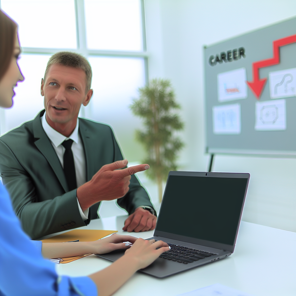 A man in a suit is pointing at a laptop screen while talking to a woman in an office setting. A whiteboard behind them displays information about career progression with graphs and charts.