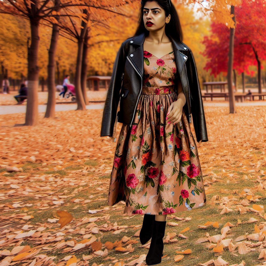 A woman in a floral dress and black jacket walking in a park with autumn leaves.