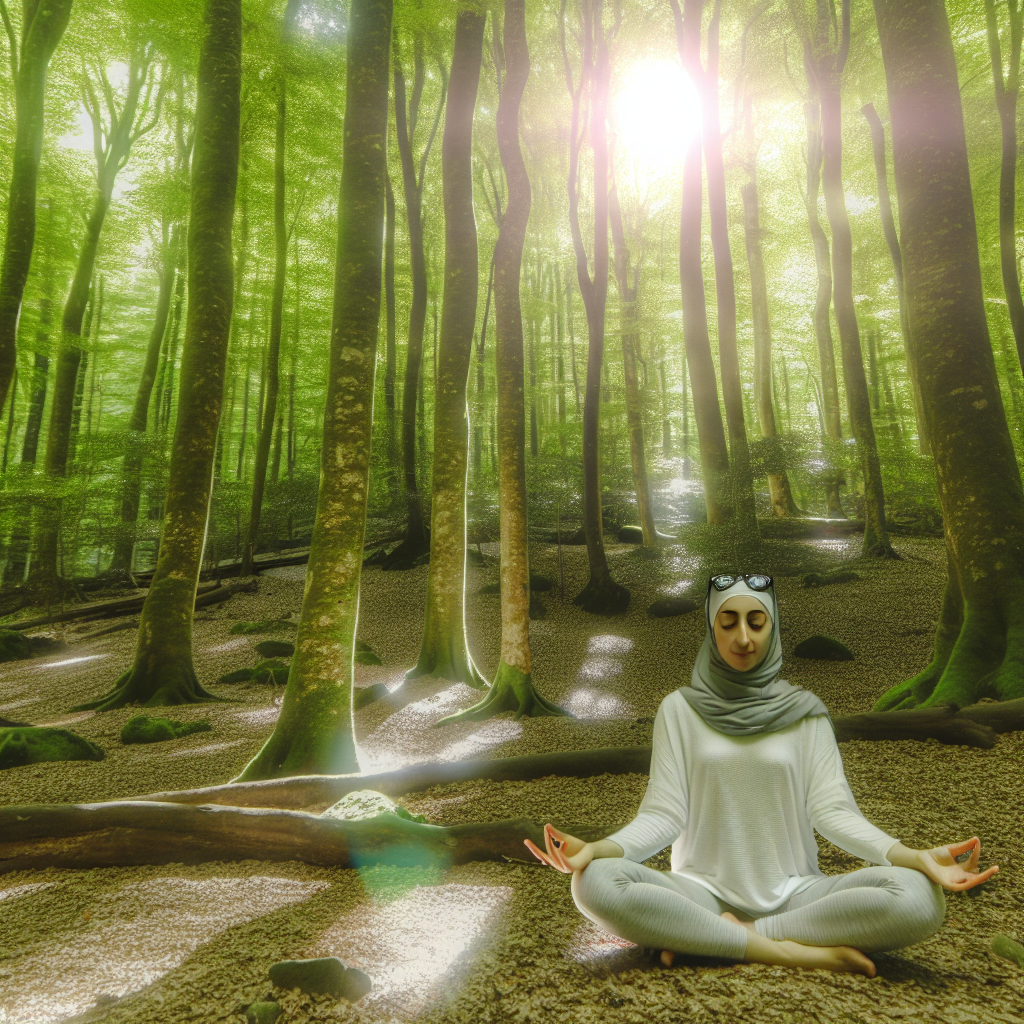 A woman is meditating in a forest with sunlight streaming through the trees.