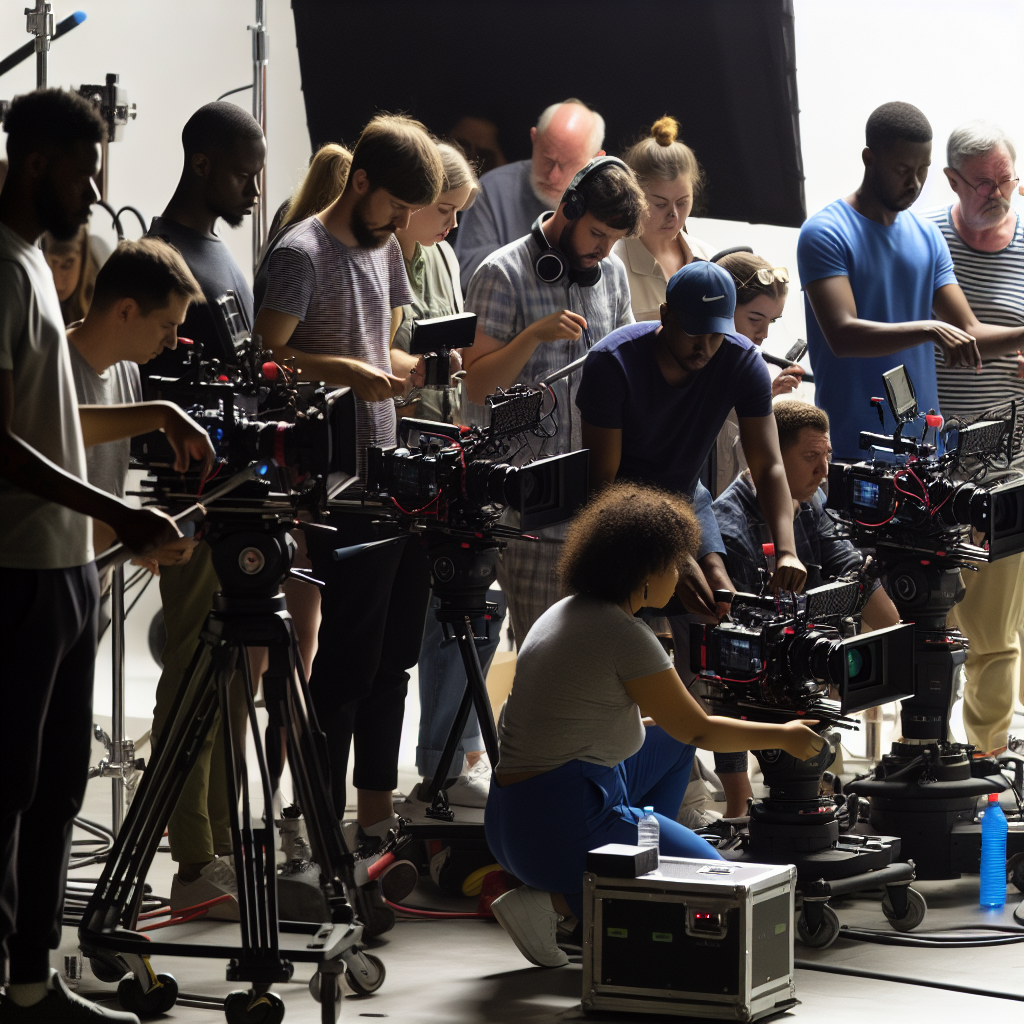 A film crew working with cameras and equipment in a studio.
