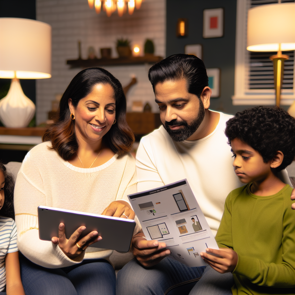 A family looking at a tablet and a brochure together in a cozy living room.