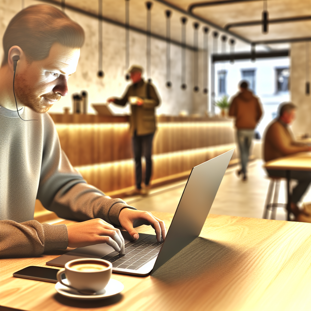 Un barbat lucreaza pe laptop intr-o cafenea.