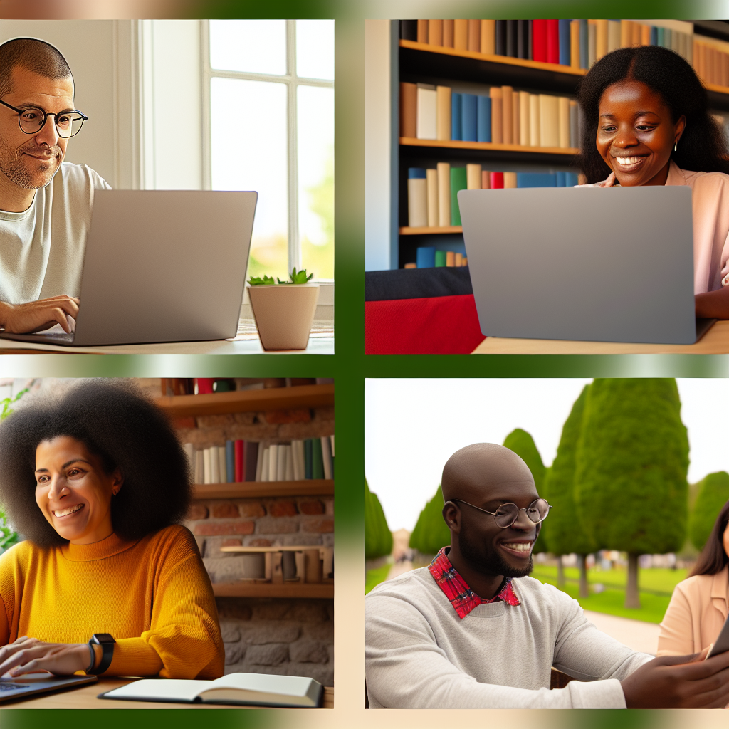 Four people working on laptops in different settings:1. A man sitting by a window.2. A woman in front of bookshelves.3. Another woman at a cozy, book-filled spot.4. A man outdoors surrounded by greenery.