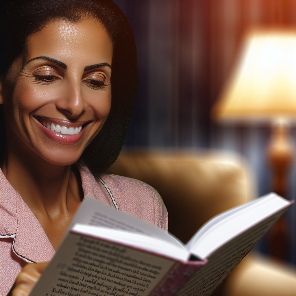 A woman smiling while reading a book.