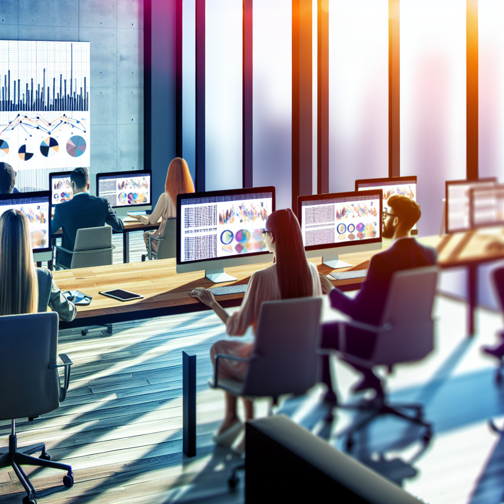 People working on computers in an office with data charts displayed on monitors and a large screen.