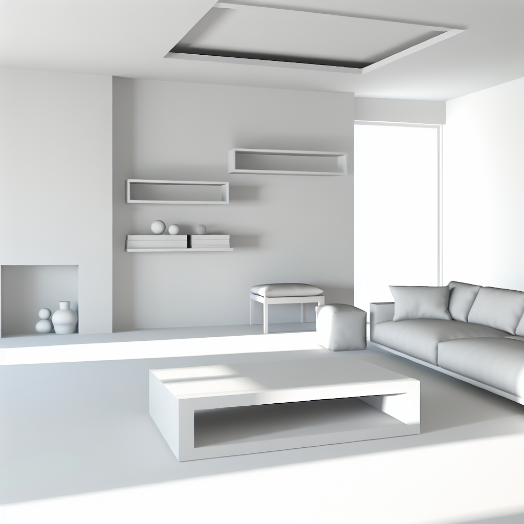Modern minimalist living room with a sofa, coffee table, shelves, vases, and a window.