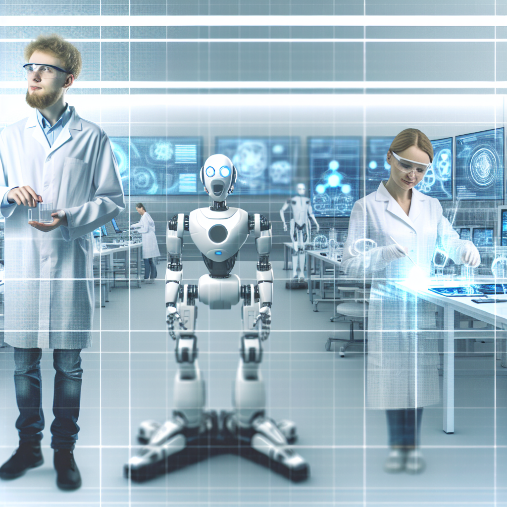 Scientists and a robot in a futuristic lab.