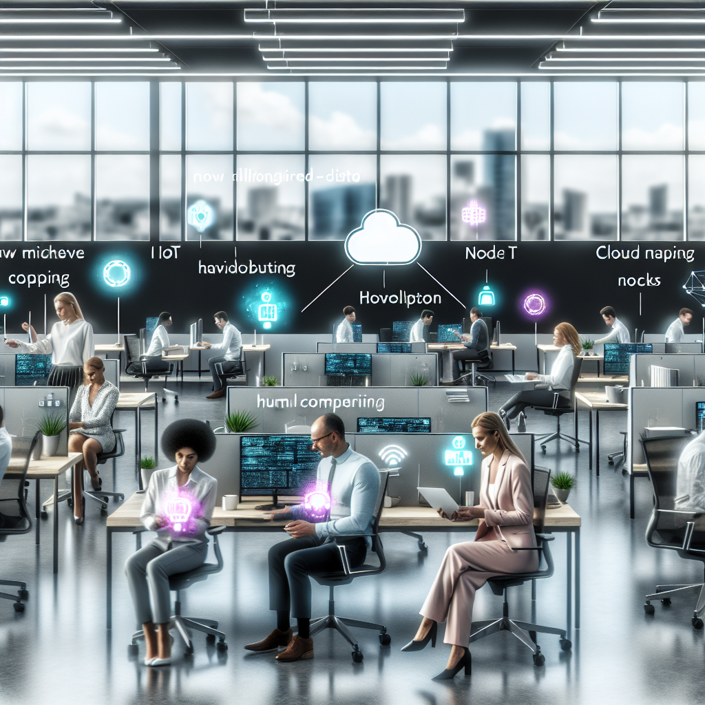 An office with people working at desks with computers and holographic technology symbols floating around.