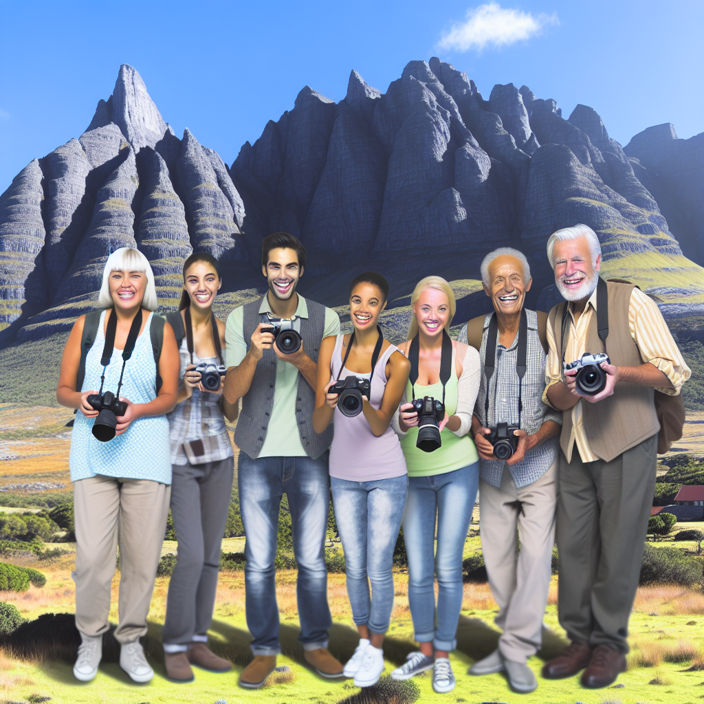 A group of people holding cameras in front of mountains.